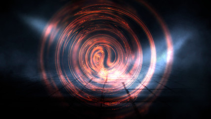 Dark night street scene, abstract neon light in the dark, reflected on a wet surface. Fireball, neon circle, abstract light tunnel.