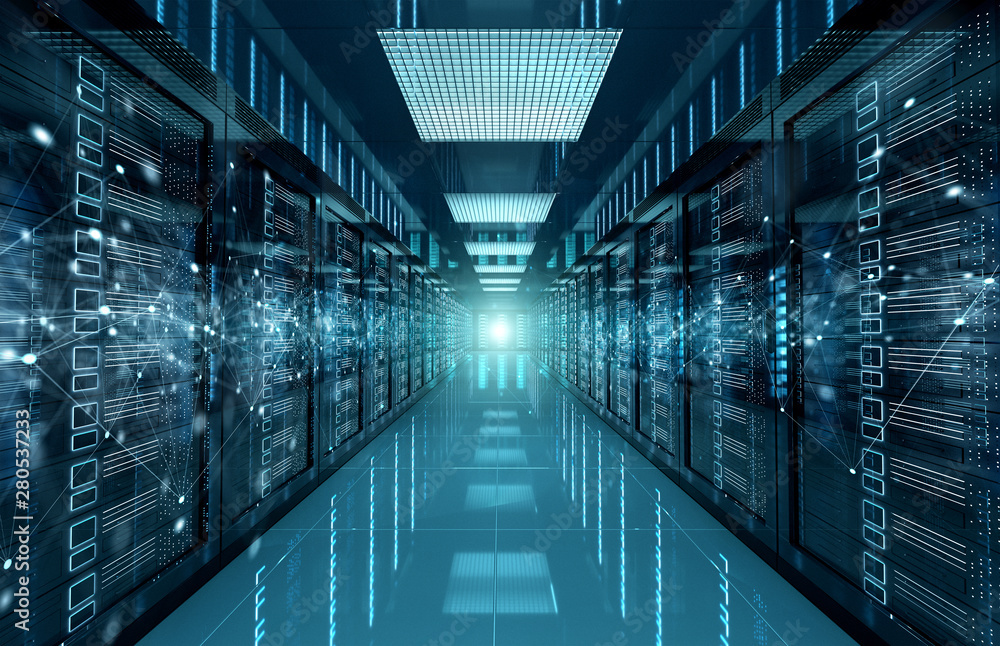 Fototapete connection network in servers data center room storage systems 3d rendering