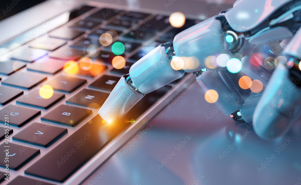 Aufkleber robotic hand pressing a keyboard on a laptop 3d rendering