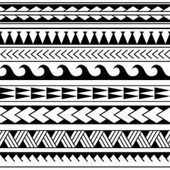 Vector ethnic seamless pattern in maori tattoo style. Geometric border with decorative ethnic elements. Horizontal pattern. Design for home decor, wrapping paper, fabric, carpet, textile, cover - obrazy, fototapety, plakaty