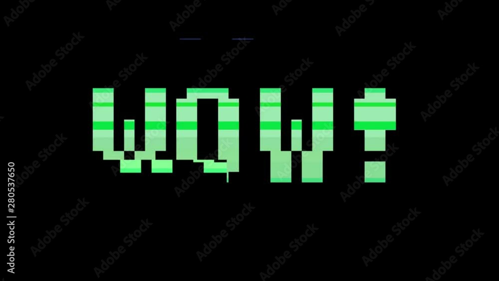Poster the words wow, appearing with digital noise and glitches. dot matrix font. distorted television bars
