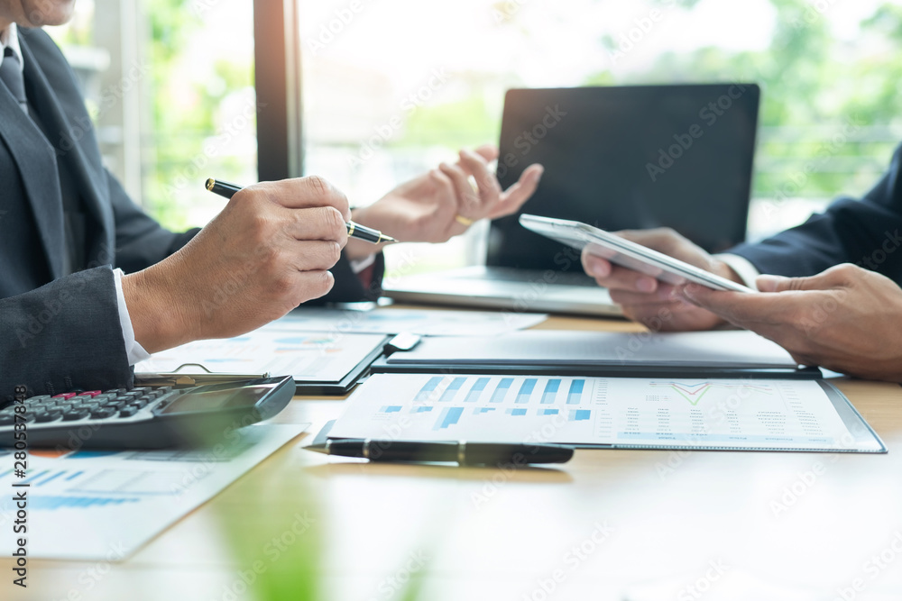 Poster business people talking discussing with coworker planning analyzing financial document data charts a