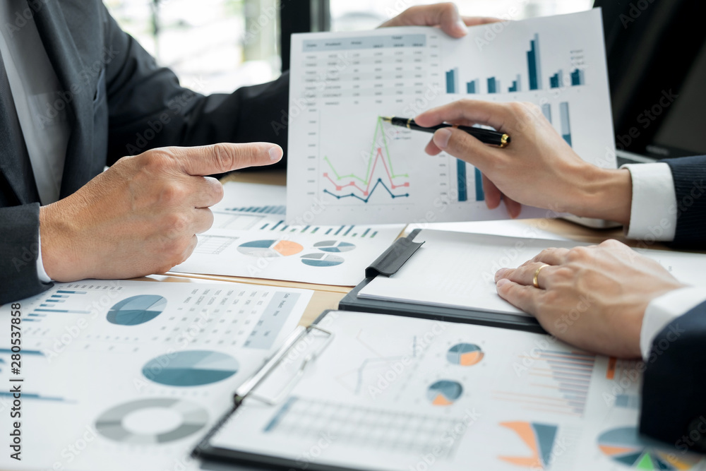 Poster business people talking discussing with coworker planning analyzing financial document data charts a