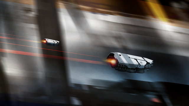 Spaceships racing over futuristic cityscape - Digital painting - Science Fiction concept