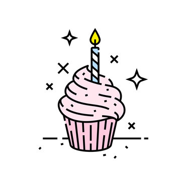 Pink birthday celebration cupcake line icon with candle symbol. Vector illustration.