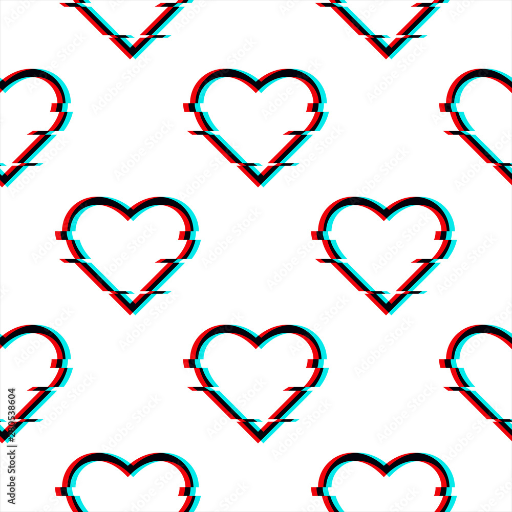 Poster vector glitched seamless pattern with symbol of heart in glitch style. icon of love isolated on whit