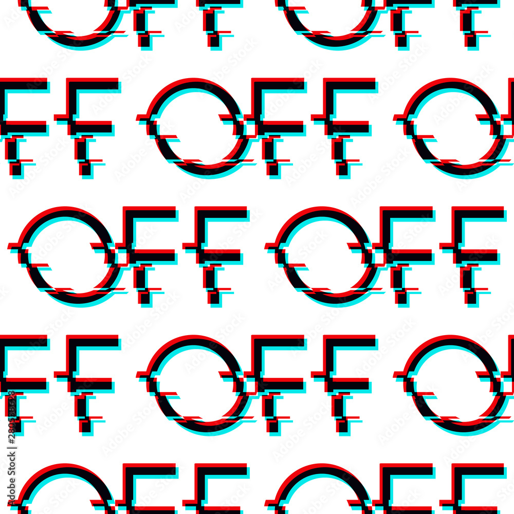 Poster vector seamless pattern with symbol of word off in glitch style. geometric letters glitched icon iso
