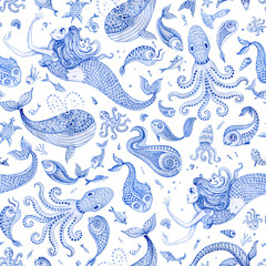 Seamless wallpaper pattern of indigo blue hand painted fairy tale sea animals and mermaid. Watercolor fantasy fish, octopus, coral, sea shells, bubbles, isolated on a white background  © L. Kramer