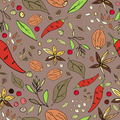 Seamless abstract pattern of spices. Chilli pepper, black and pink peppercorns, bay leaf, basil, nutmeg, thyme, rosemary, cardamom, cinnamon, anise star and flax seeds.