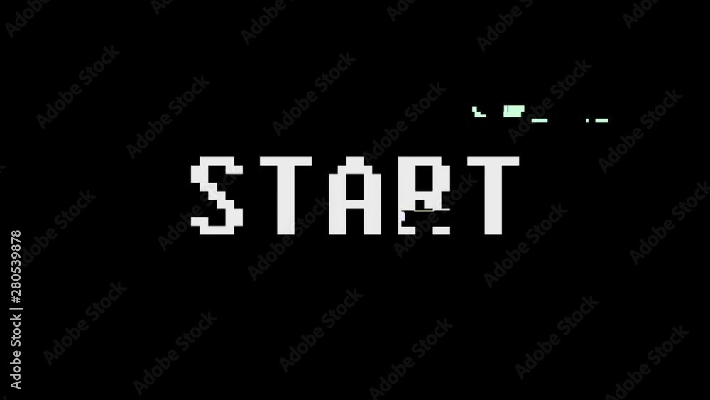 Poster retro videogame. with the words on the screen start. glitches computer error message.
