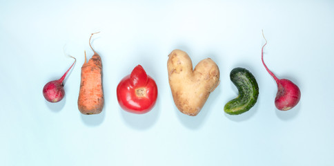 Six ripe ugly vegetables: potato, tomato, cucumber and radish laid out in row on light blue...