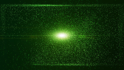 Glow green dust particle in square box, explosion light ray beam.