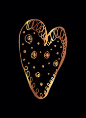 Golden heart for Valentine's day. Hand-drawn vector isolated illustration on black background.