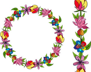 Decorative frame made of flowers. Gentle flower wreath drawn by hand on an isolated white background. The element for design and greeting card. Copy space, place for text.Seamless flower brush.