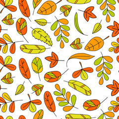 colorful autumn leaves. Isolated on white background. Simple cartoon flat style. illustration. seamless pattern.
