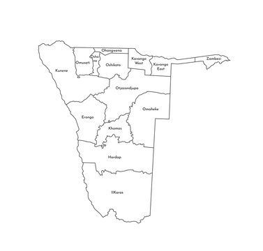 Vector isolated illustration of simplified administrative map of Namibia. Borders and names of the regions. Black line silhouettes