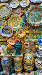 Ceramic plate ornaments in market background