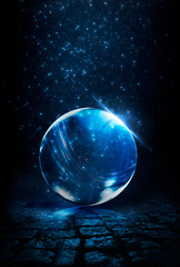 Glass ball on the dark night scene with reflection. Abstract dark background, magic ball. Night...