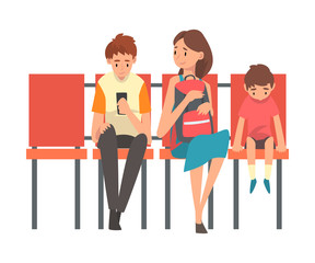 Fototapeta na wymiar Family Waiting at Airport Terminal for Flight, Mother with Two Sons Sitting on Chairs at Waiting Room Vector Illustration