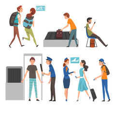Fototapeta na wymiar People in Airport Set, Passengers Passing Through Security Scanner, Waiting Check for Registration and Running with their Backpacks to Catch Flight Vector Illustration