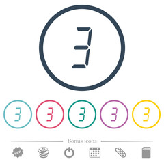 digital number three of seven segment type flat color icons in round outlines