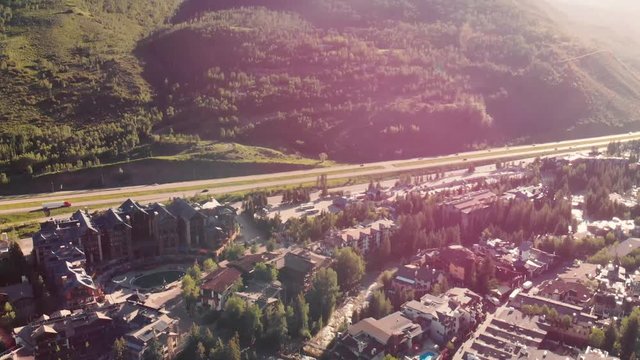 Buildings in Vail, Colorado. Overhead aerial view on a beautiful summer morning