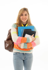 Portrait of attractive teenager girl with backpack happy with student lifestyle and learning