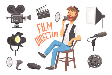 Film Director Sitting With Megaphone Controlling Movie Shooting Process Surrounded By Moviemaking Set Of Ofbjects