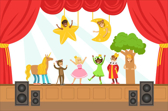 Children Actors Performing Fairy-Tale On Stage On Talent Show Colorful Vector Illustration With Talented Schoolkids Theatre Performance