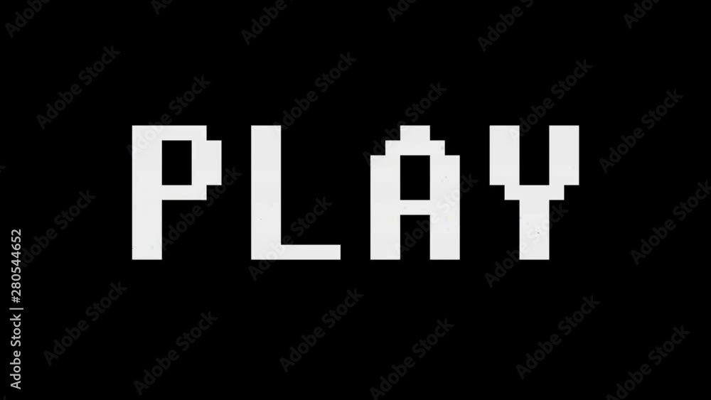 Poster a videogame screen text on a tv: play. retro style, full of digital glitch noise errors. test patter
