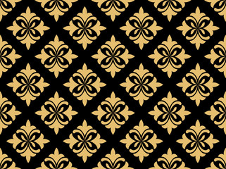 Flower geometric pattern. Seamless vector background. Gold and black ornament. Ornament for fabric, wallpaper, packaging. Decorative print