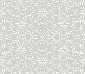 Fototapeta premium Abstract simple geometric vector seamless pattern with white line floral texture on grey background. Light gray modern wallpaper, bright tile backdrop, monochrome graphic element