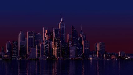 Obraz na płótnie Canvas Panoramic view of skyscrapers at nignt. (3D illustration)
