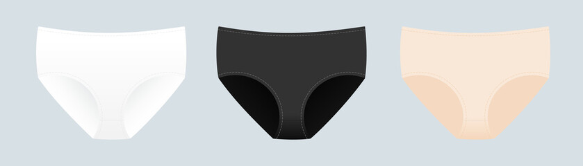 Panties symbol. Woman underwear type: classic brief. Basic colors: white, black and nude. Vector illustration, flat design