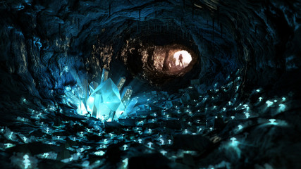 Mysterious blue crystal cave, stimulating adventure concept