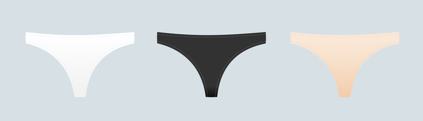 Panties symbol. Woman underwear type: thong. Basic colors: white, black and nude. Vector illustration, flat design