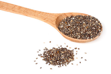 Chia seeds in wooden spoon isolated on white background