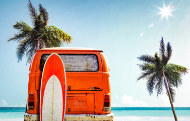 Fototapeta Orange summer car on beach and free space for your decoration.  obraz