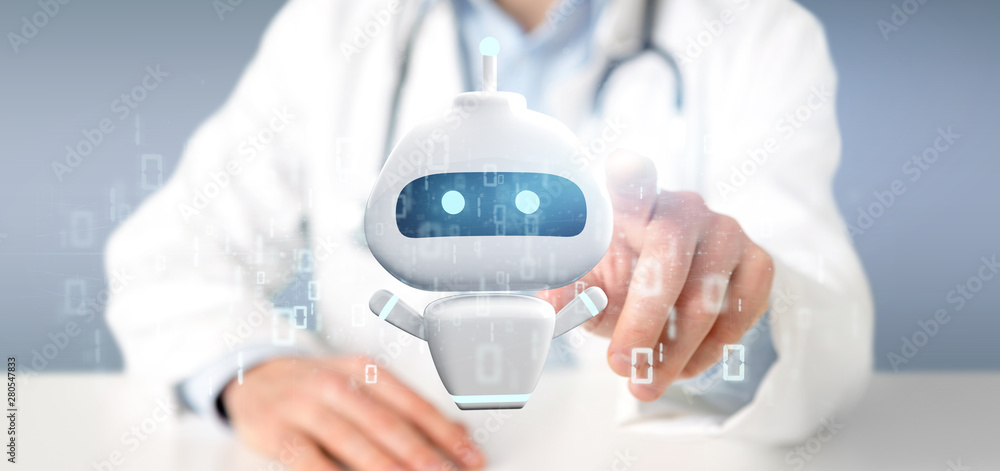 Poster doctor holding chatbot with binary code 3d rendering