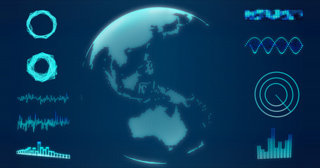 Abstract wireframe Earth globe hologram with Australia and Oceania map on blue background 3d rendering. HUD elements, x-ray, digital data and radar set for futuristic Sci-Fi interface