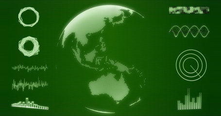 Abstract wireframe Earth globe hologram with Australia and Oceania map on green background 3d rendering. HUD elements, x-ray, digital data and radar set for futuristic Sci-Fi interface