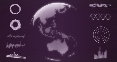 Fototapeta na wymiar Abstract wireframe Earth globe hologram with Australia and Oceania map on purple background 3d rendering. HUD elements, x-ray, digital data and radar set for futuristic Sci-Fi interface