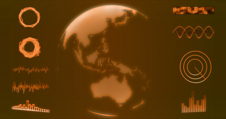 Abstract wireframe Earth globe hologram with Australia and Oceania map on orange background 3d rendering. HUD elements, x-ray, digital data and radar set for futuristic Sci-Fi interface