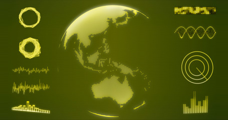 Abstract wireframe Earth globe hologram with Australia and Oceania map on yellow background 3d rendering. HUD elements, x-ray, digital data and radar set for futuristic Sci-Fi interface