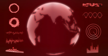 Abstract wireframe Earth globe hologram with India map on red background 3d rendering. HUD elements, x-ray, digital data and radar set for futuristic Sci-Fi interface