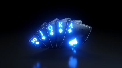 Casino Gambling Concept Royal Flush in Spades Poker Cards On The Black Background - 3D Illustration - obrazy, fototapety, plakaty