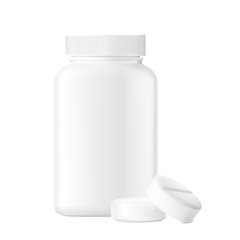 Plastic bottle with round pills mockup isolated on white background. Can be used for medical, cosmetic. Vector illustration. EPS10.	