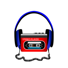Retro audio player with headphones on white background. Vector illustration.