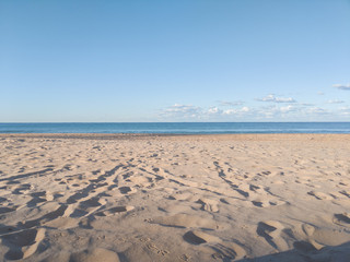 Fototapeta na wymiar Manly Beach, Sydney, clear blue sky and footprints in the sand