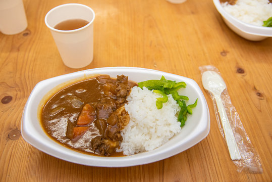 japanese beef curry rice on a wooden table